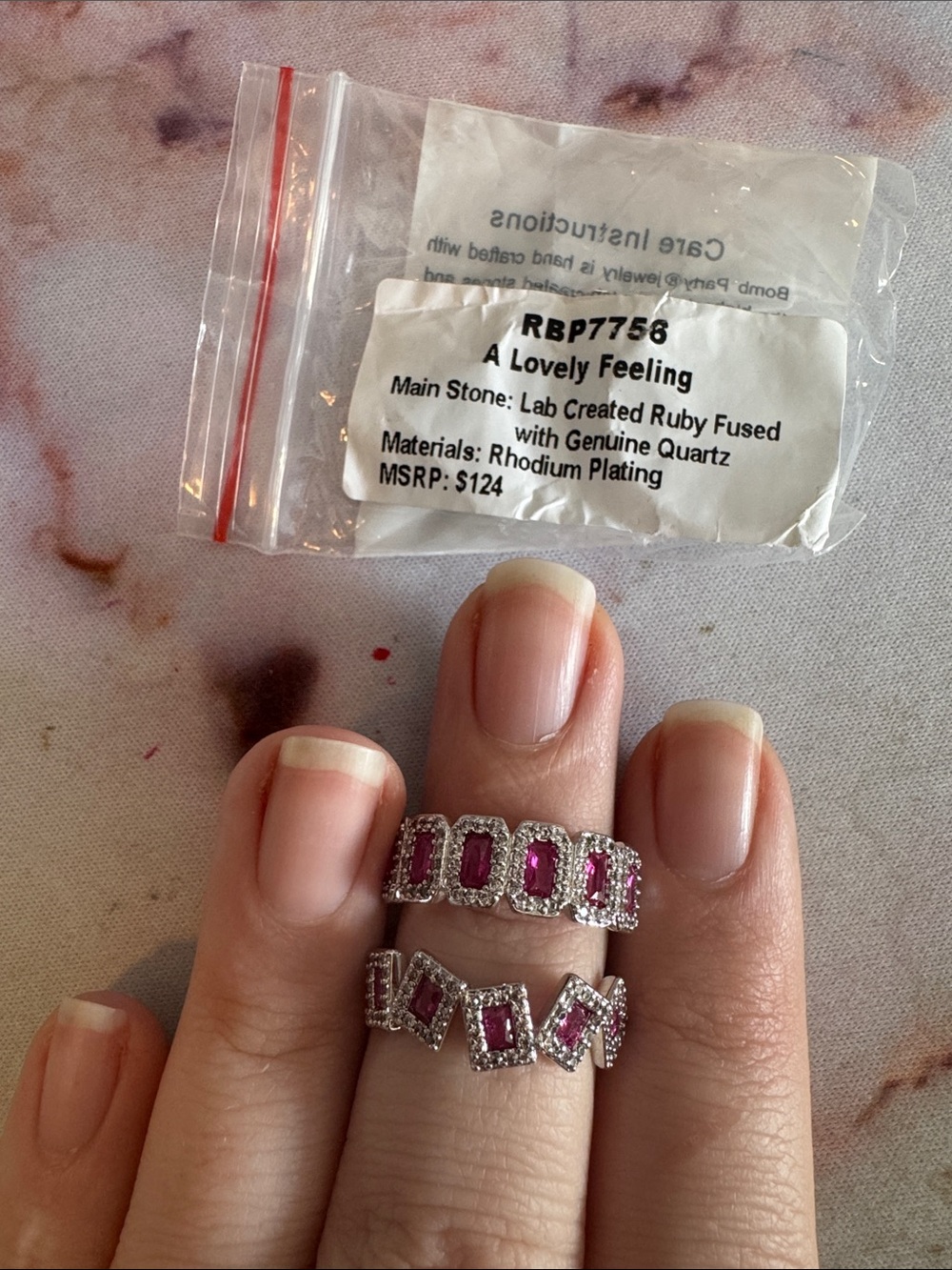 Bomb Party Rhodium-Plated Pink Ruby Size 9 Ring Set